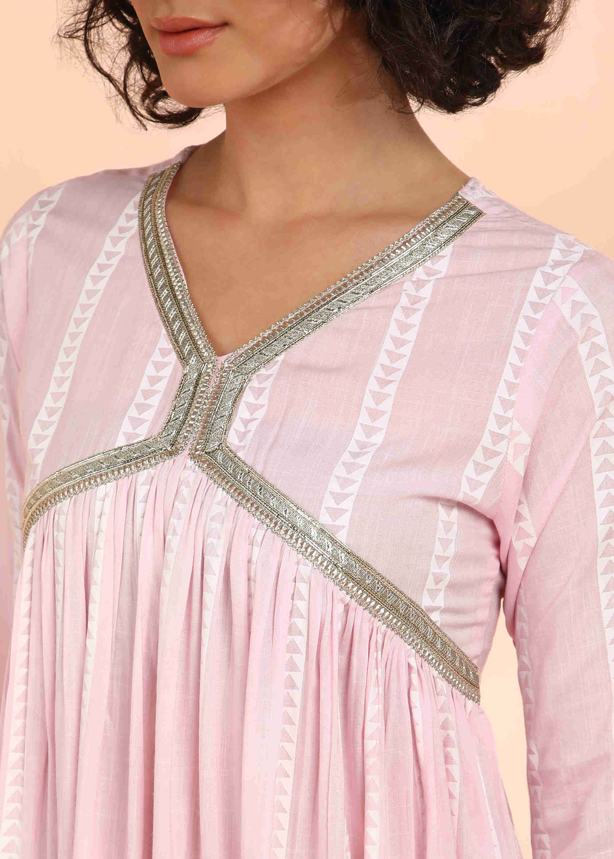 Women Handmade Striped Rayon Flared Light Pink Dress (W1592)