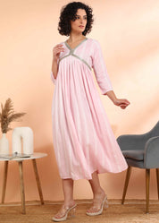 Women Handmade Striped Rayon Flared Light Pink Dress (W1592)