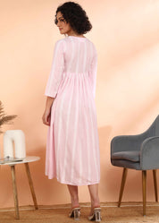 Women Handmade Striped Rayon Flared Light Pink Dress (W1592)