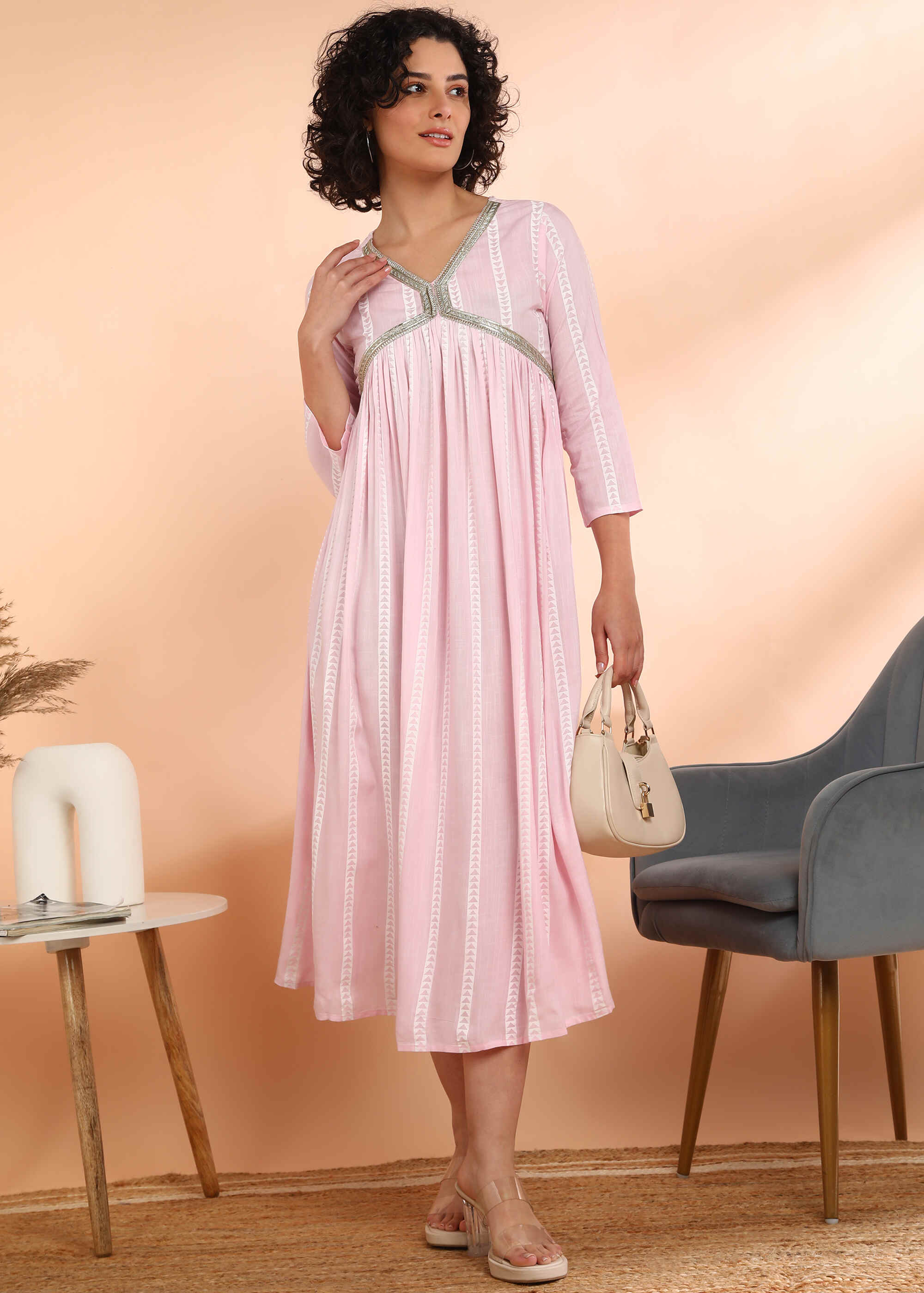 Women Handmade Striped Rayon Flared Light Pink Dress (W1592)