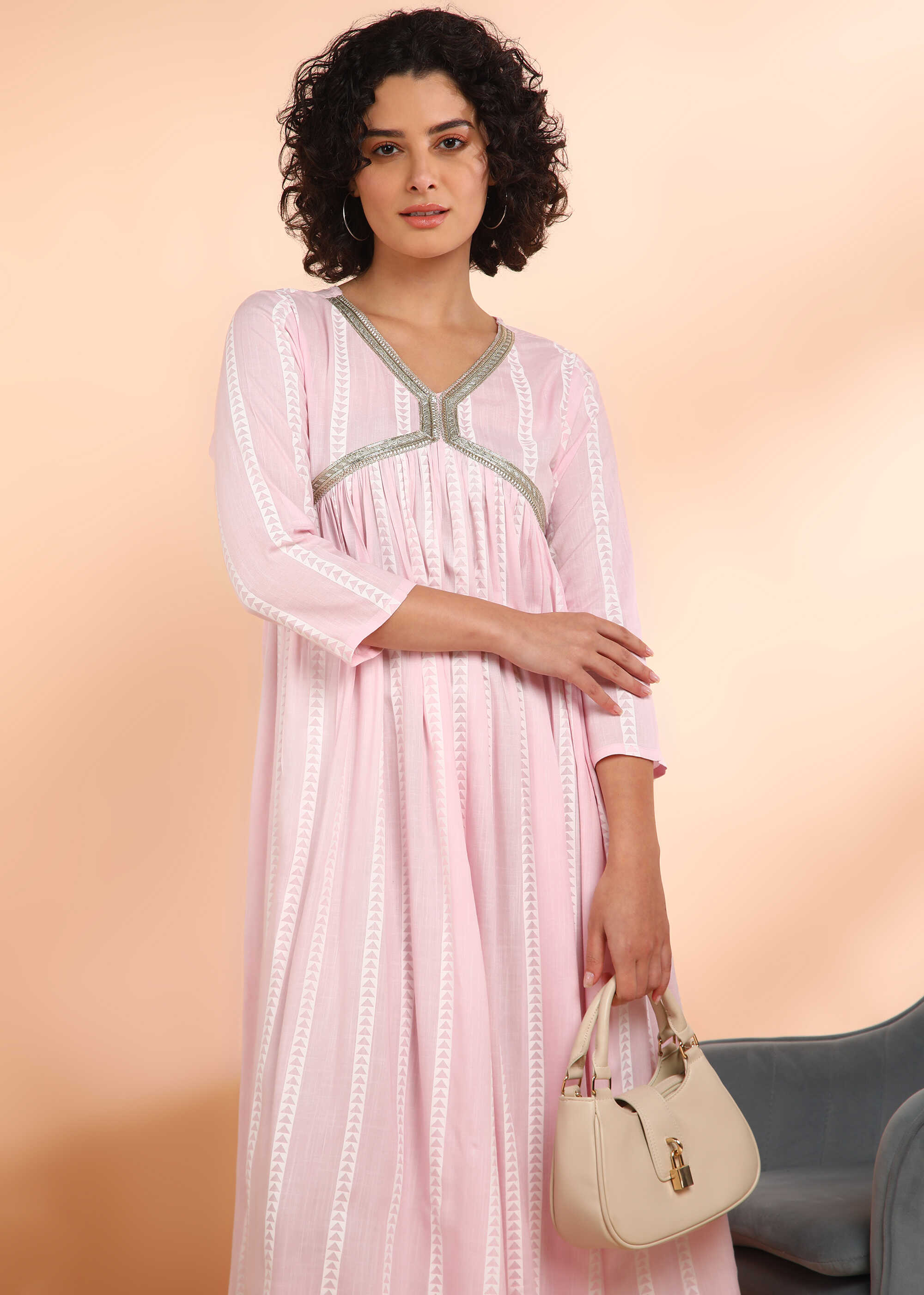 Women Handmade Striped Rayon Flared Light Pink Dress (W1592)