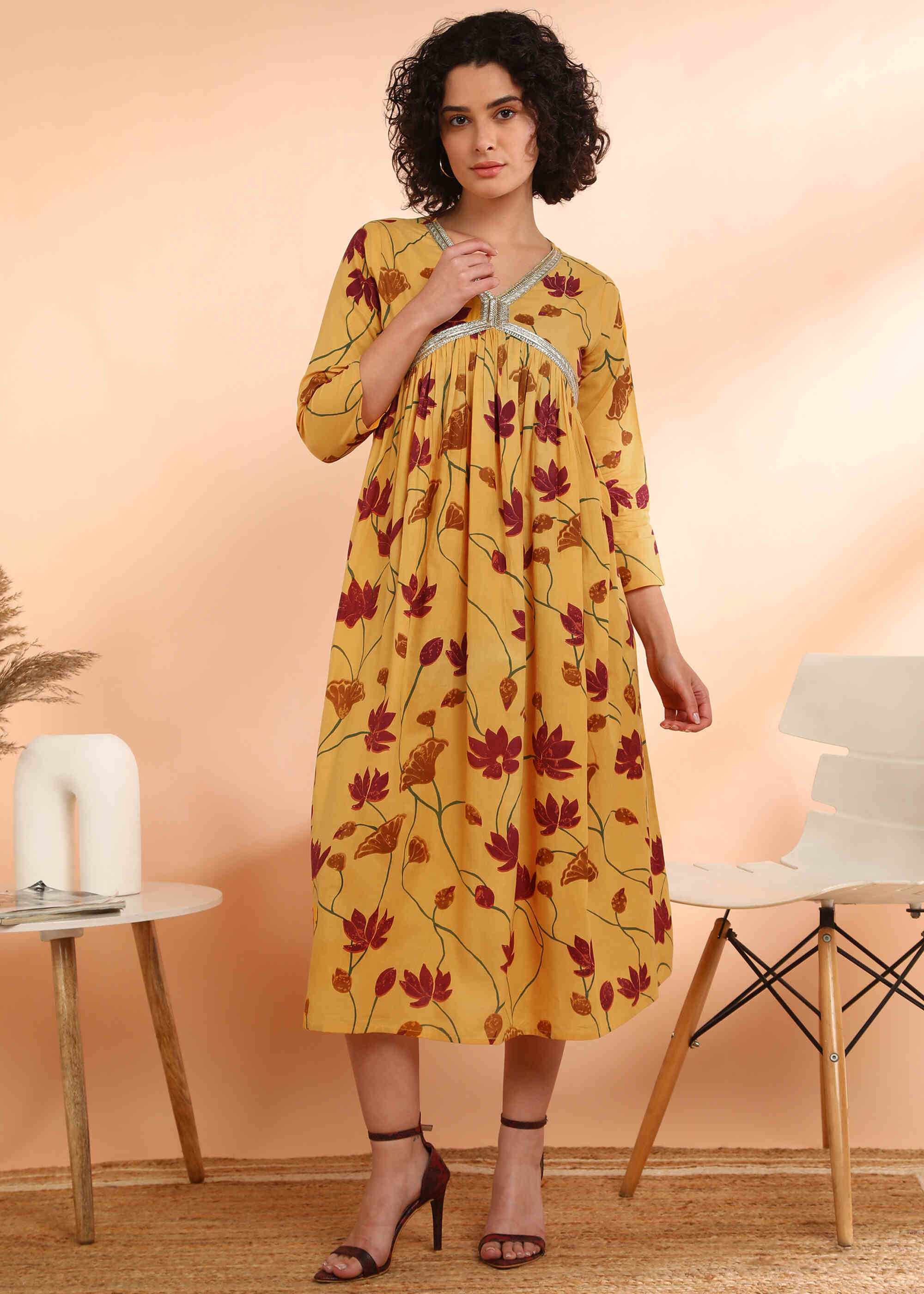 Women Handmade Floral Print Cotton Blend Flared Yellow Dress (W1593)