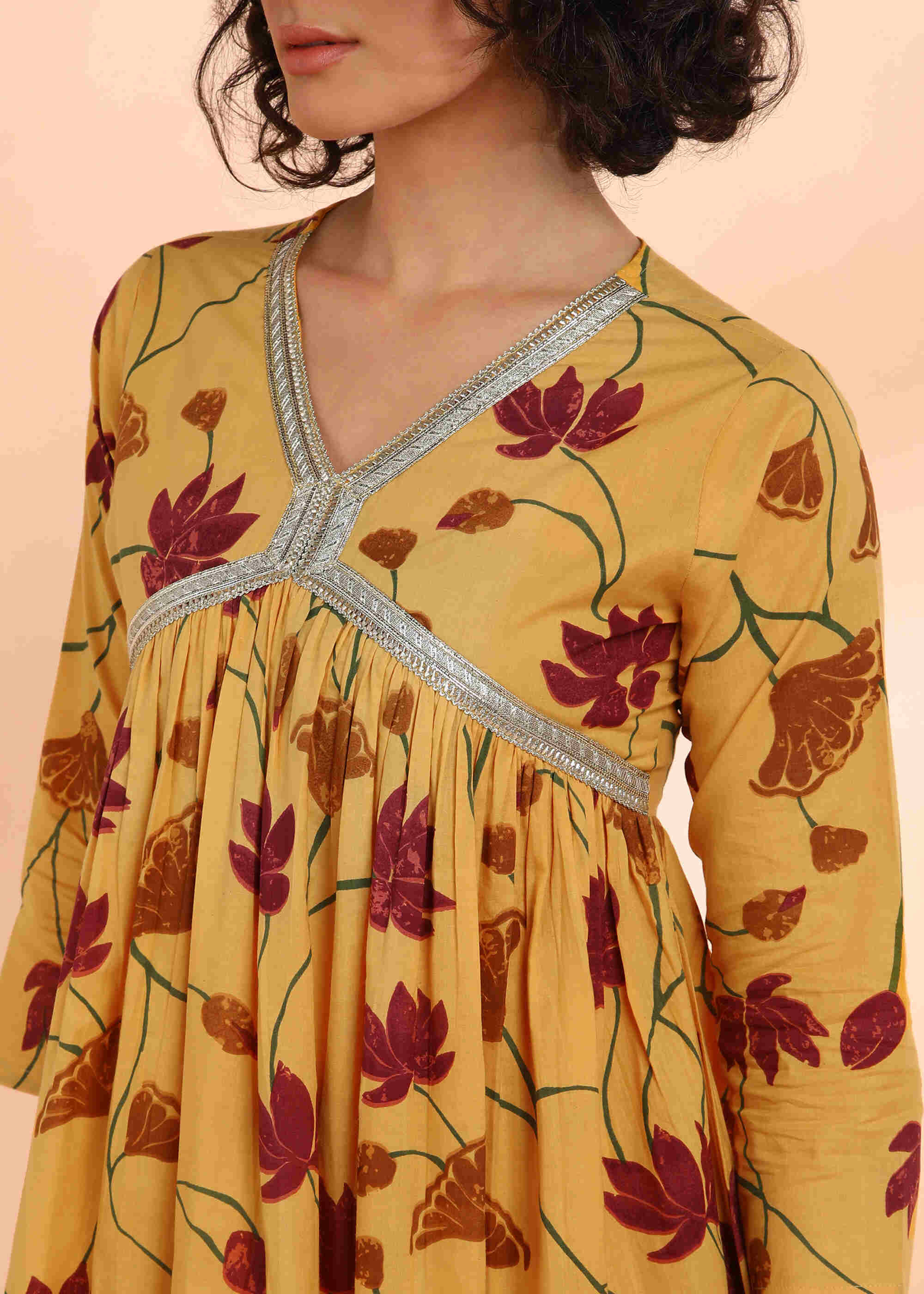 Women Handmade Floral Print Cotton Blend Flared Yellow Dress (W1593)