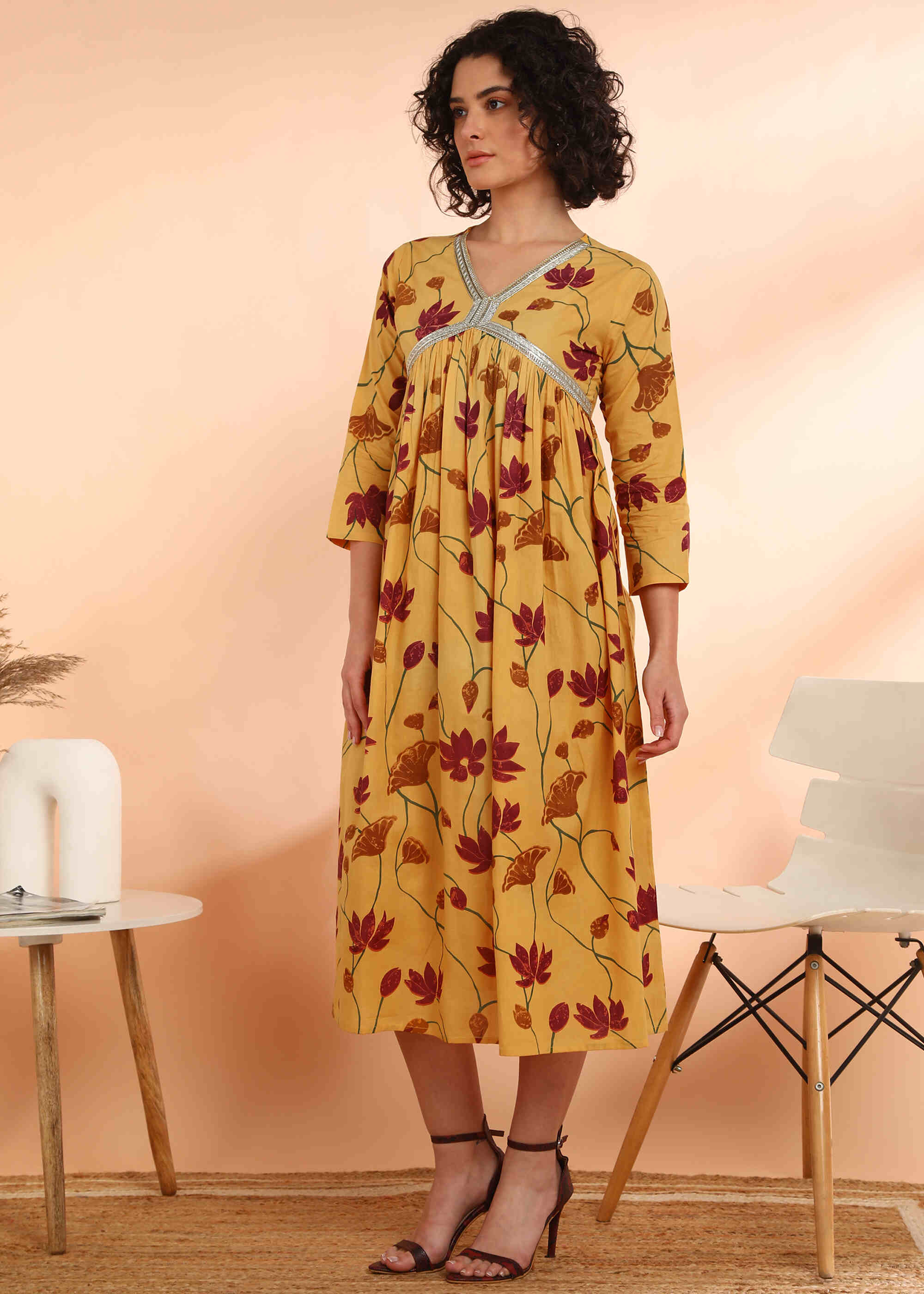 Women Handmade Floral Print Cotton Blend Flared Yellow Dress (W1593)