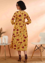 Women Handmade Floral Print Cotton Blend Flared Yellow Dress (W1593)