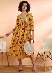 Women Handmade Floral Print Cotton Blend Flared Yellow Dress (W1593)