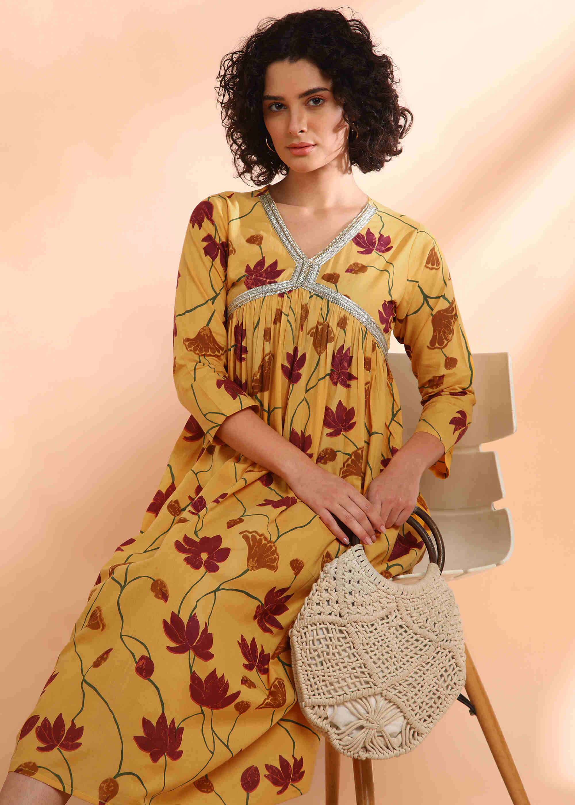 Women Handmade Floral Print Cotton Blend Flared Yellow Dress (W1593)