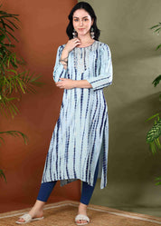 Women Handmade Striped Pure Cotton Straight Blue Kurta (W1595)