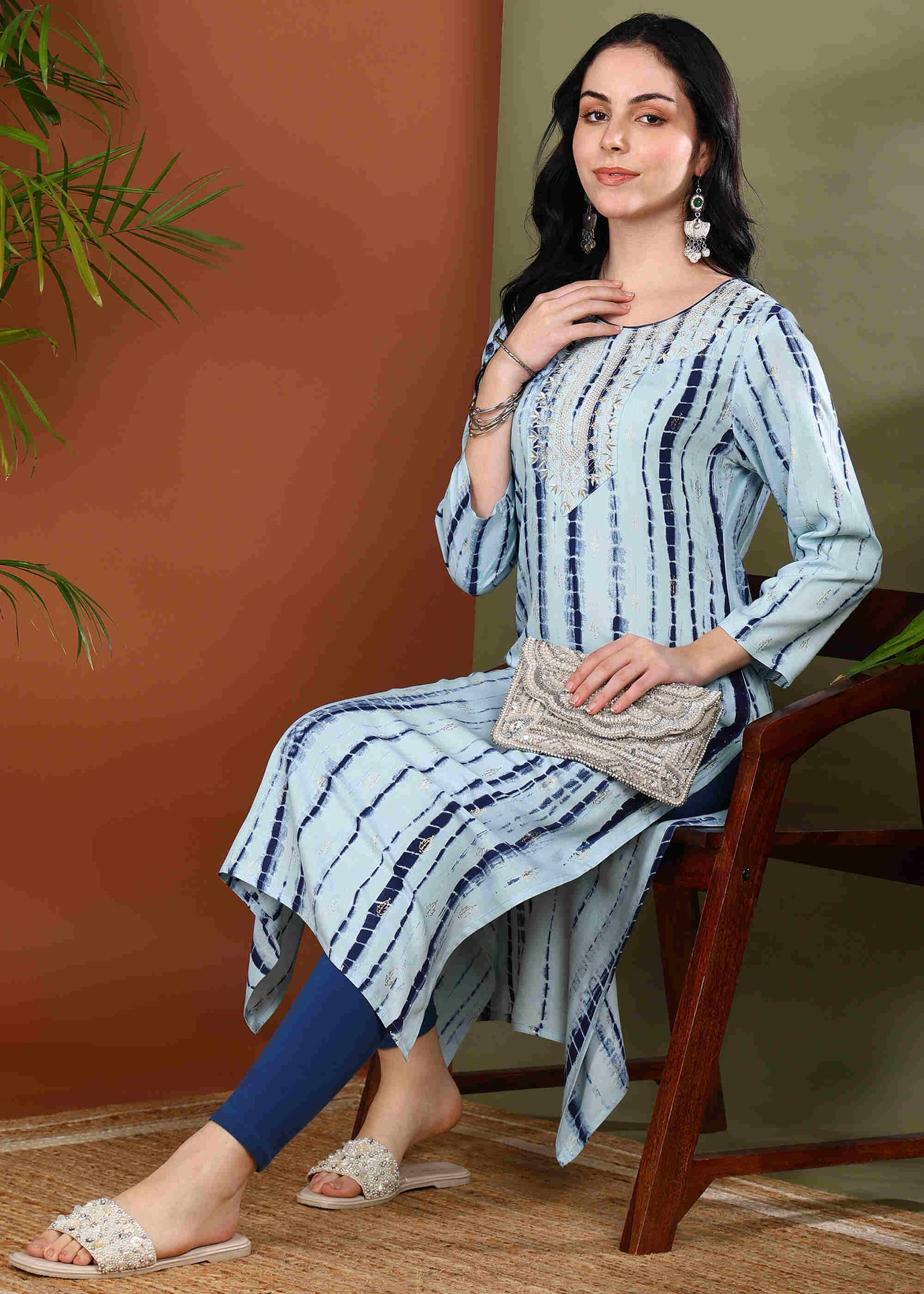 Women Handmade Striped Pure Cotton Straight Blue Kurta (W1595)