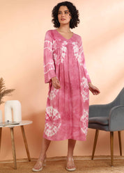 Women Handmade Floral Print Rayon Flared Pink Dress (W1597)