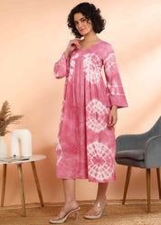 Women Handmade Floral Print Rayon Flared Pink Dress (W1597)