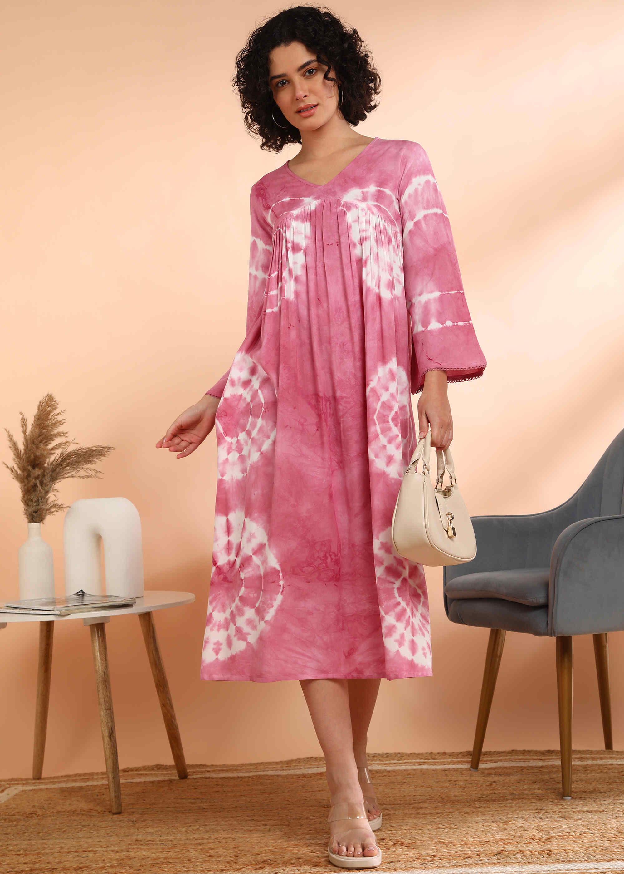 Women Handmade Floral Print Rayon Flared Pink Dress (W1597)