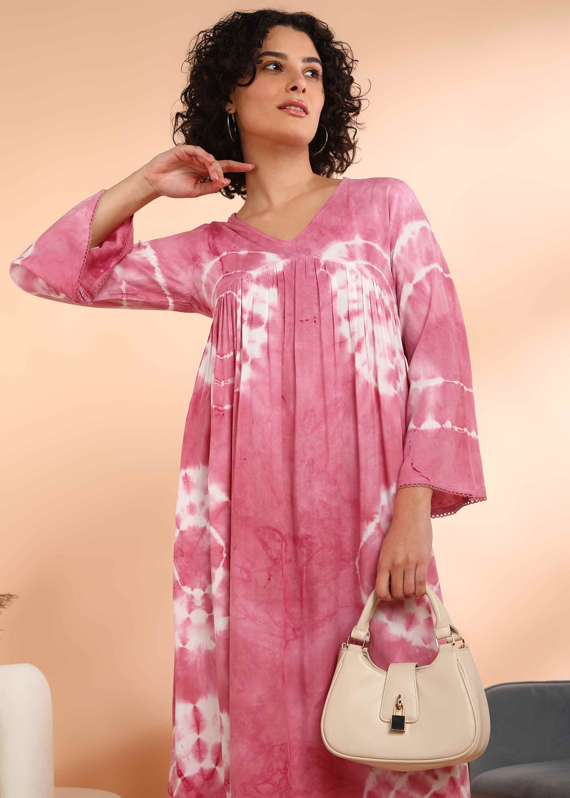 Women Handmade Floral Print Rayon Flared Pink Dress (W1597)