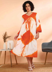 Women Handmade Floral Print Rayon Flared Orange Dress (W1598)