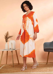 Women Handmade Floral Print Rayon Flared Orange Dress (W1598)