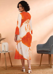 Women Handmade Floral Print Rayon Flared Orange Dress (W1598)