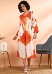 Women Handmade Floral Print Rayon Flared Orange Dress (W1598)