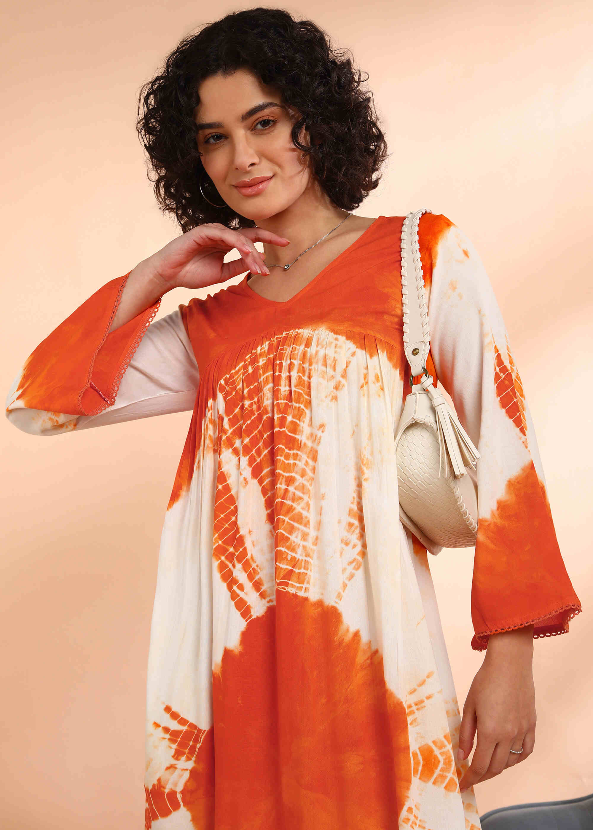 Women Handmade Floral Print Rayon Flared Orange Dress (W1598)