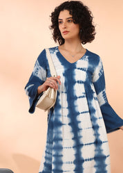 Women Handmade Dyed Rayon Flared Blue Dress (W1599)