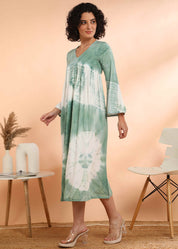 Women Handmade Floral Print Rayon Flared Light Green Dress (W1600)