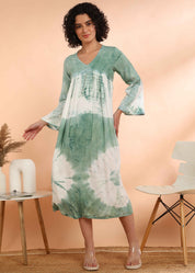 Women Handmade Floral Print Rayon Flared Light Green Dress (W1600)