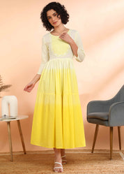 Women Handmade Embroidered Cotton Blend Flared Yellow Dress (W1601)