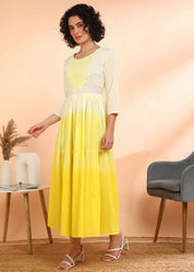 Women Handmade Embroidered Cotton Blend Flared Yellow Dress (W1601)