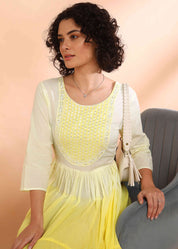 Women Handmade Embroidered Cotton Blend Flared Yellow Dress (W1601)