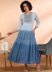 Women Handmade Embroidered Cotton Blend Flared Light Blue Dress (W1602)