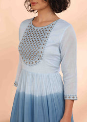 Women Handmade Embroidered Cotton Blend Flared Light Blue Dress (W1602)