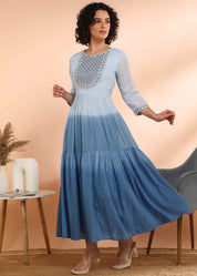 Women Handmade Embroidered Cotton Blend Flared Light Blue Dress (W1602)