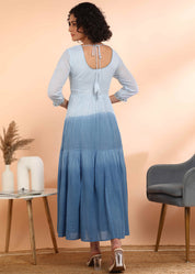 Women Handmade Embroidered Cotton Blend Flared Light Blue Dress (W1602)