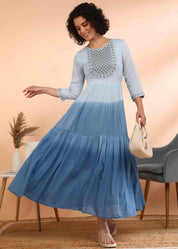 Women Handmade Embroidered Cotton Blend Flared Light Blue Dress (W1602)