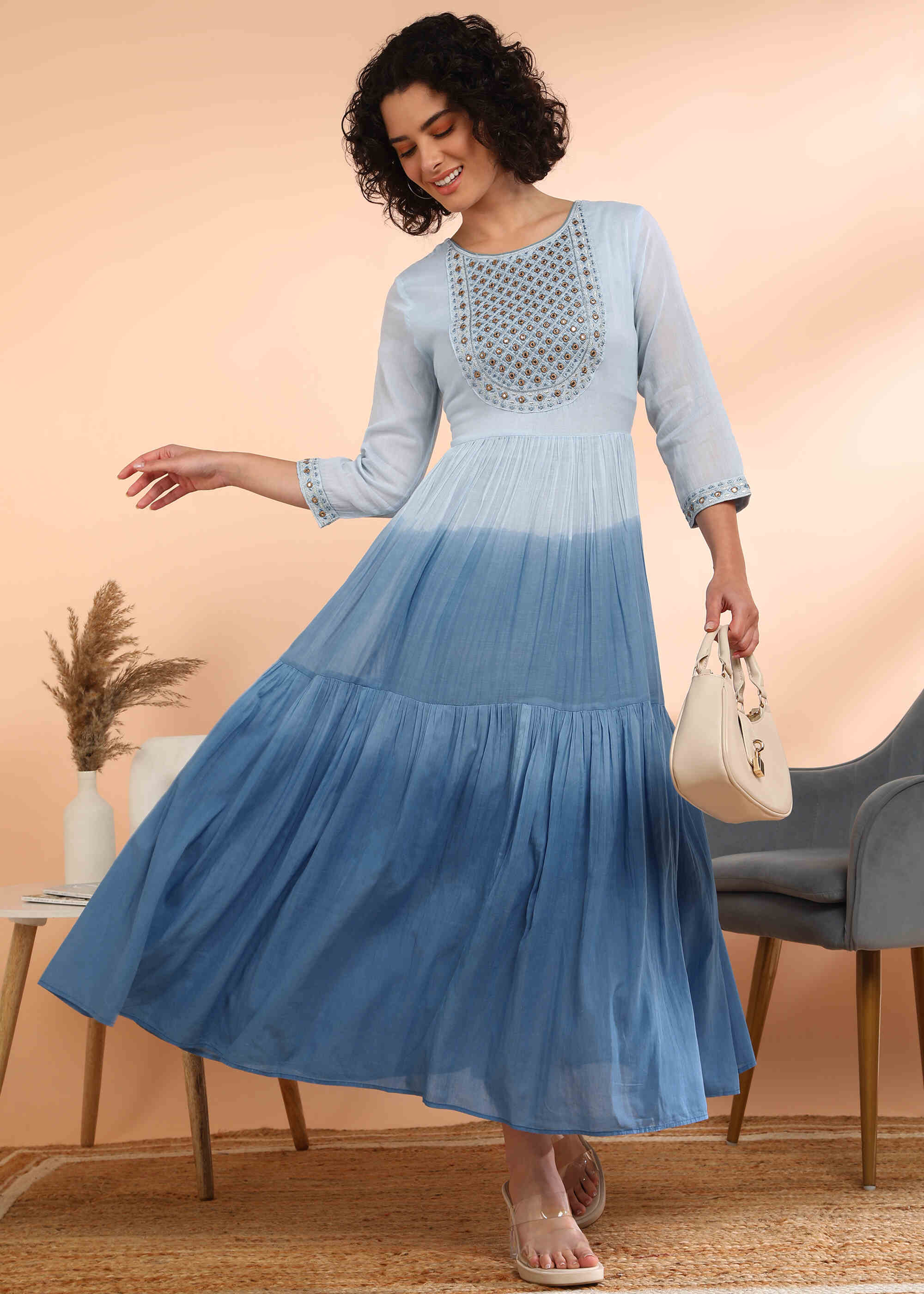 Women Handmade Embroidered Cotton Blend Flared Light Blue Dress (W1602)