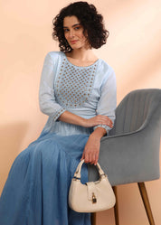 Women Handmade Embroidered Cotton Blend Flared Light Blue Dress (W1602)