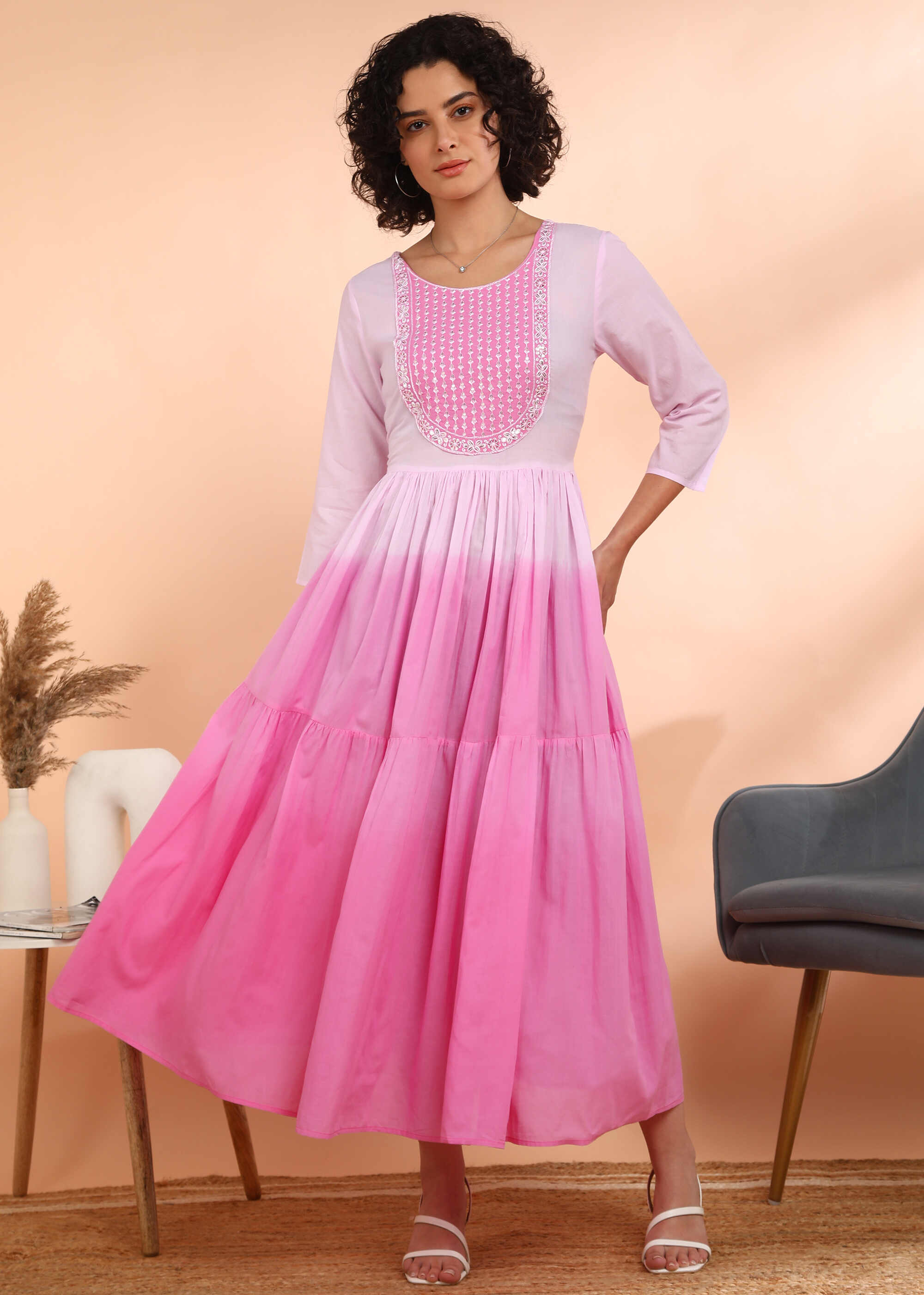 Women Handmade Embroidered Cotton Blend Flared Pink Dress (W1603)