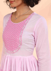 Women Handmade Embroidered Cotton Blend Flared Pink Dress (W1603)