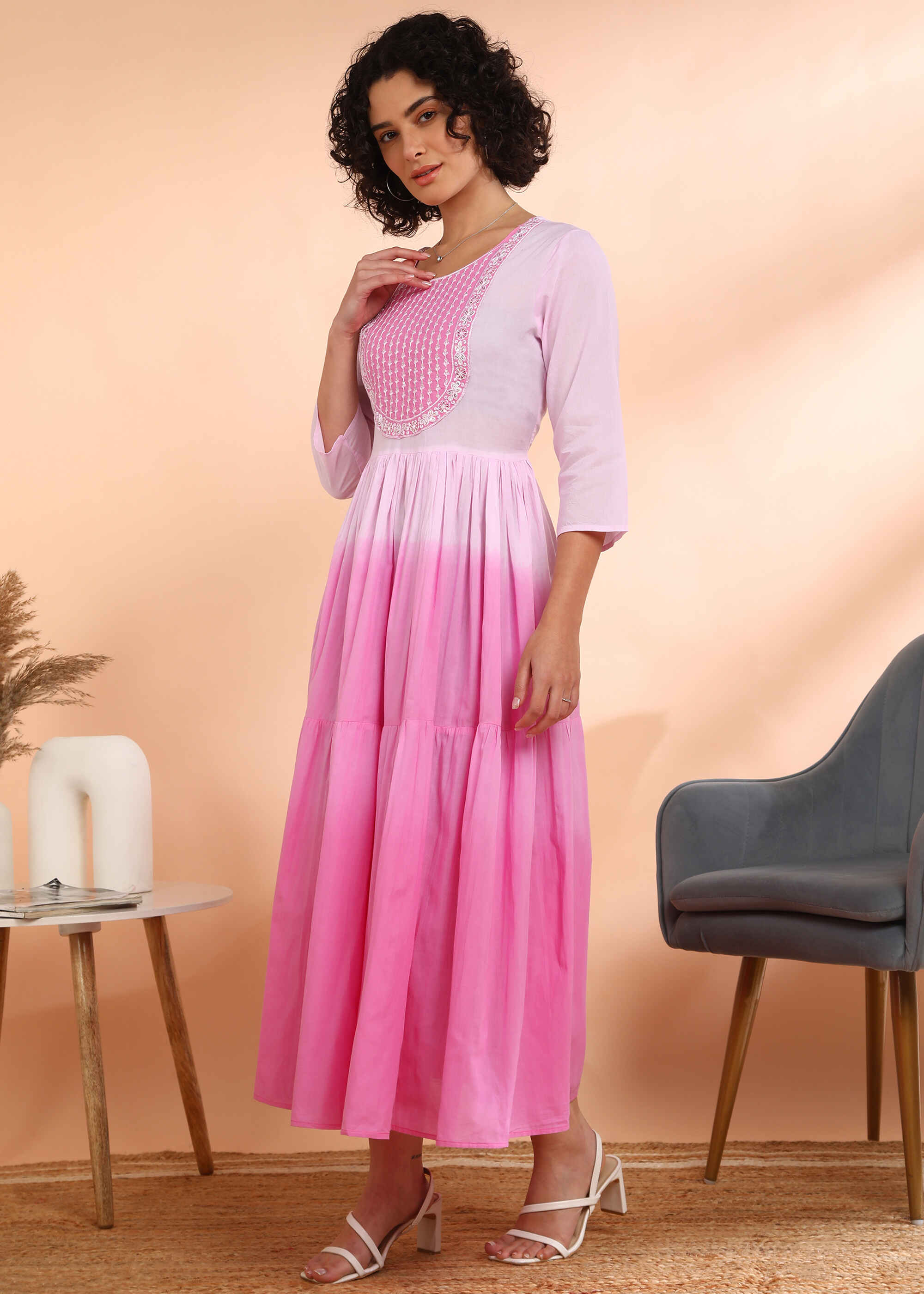 Women Handmade Embroidered Cotton Blend Flared Pink Dress (W1603)