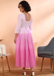 Women Handmade Embroidered Cotton Blend Flared Pink Dress (W1603)