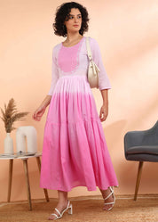 Women Handmade Embroidered Cotton Blend Flared Pink Dress (W1603)