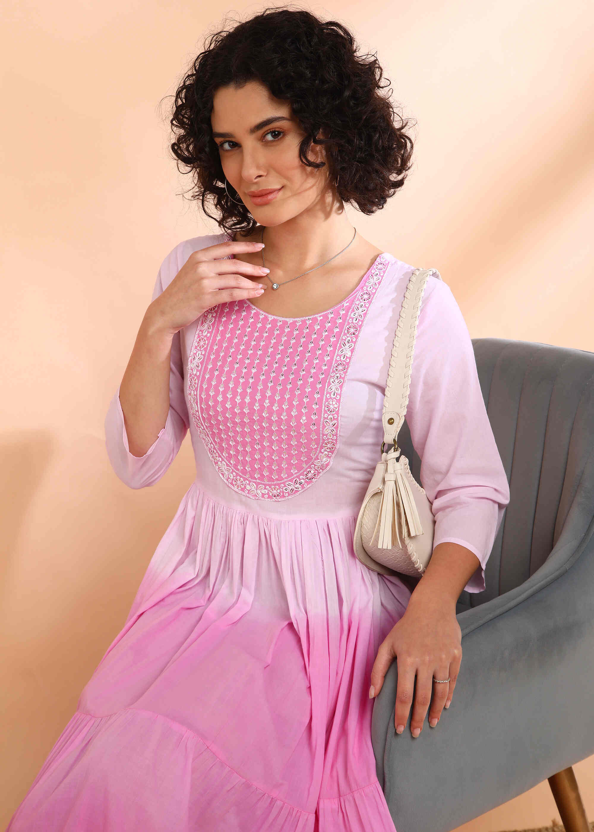 Women Handmade Embroidered Cotton Blend Flared Pink Dress (W1603)