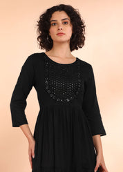 Women Handmade Embroidered Cotton Blend Flared Black Dress (W1604)