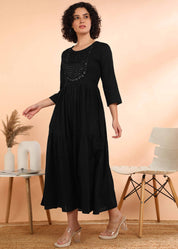 Women Handmade Embroidered Cotton Blend Flared Black Dress (W1604)