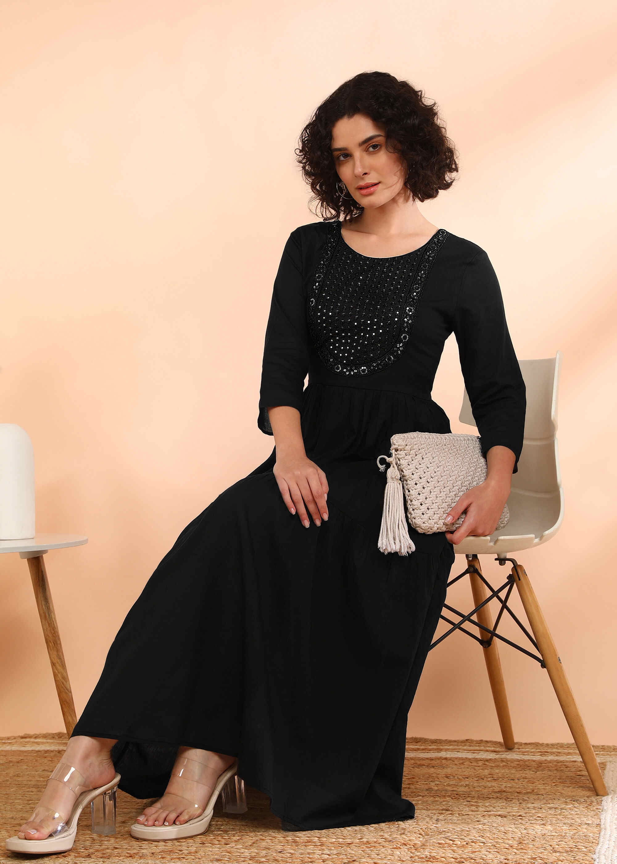 Women Handmade Embroidered Cotton Blend Flared Black Dress (W1604)