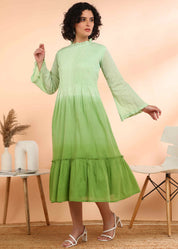 Women Handmade Self Design Cotton Blend Flared Light Green Dress (W1607)