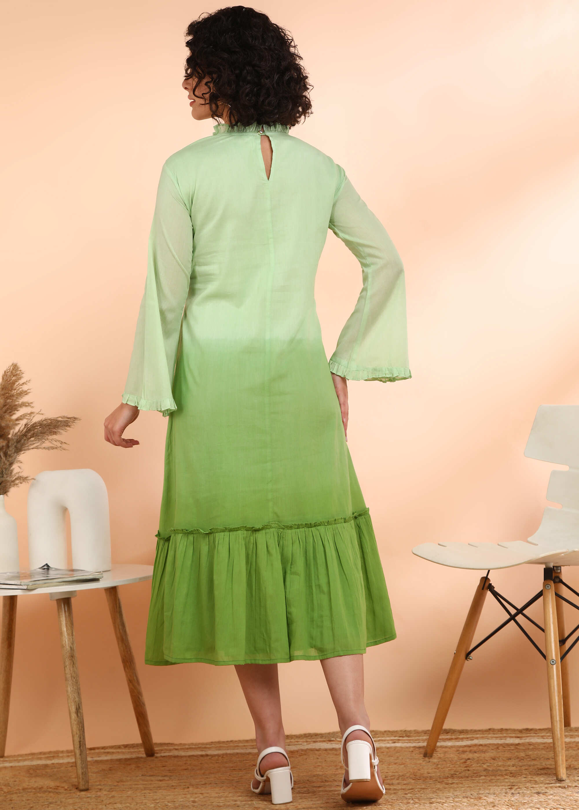 Women Handmade Self Design Cotton Blend Flared Light Green Dress (W1607)