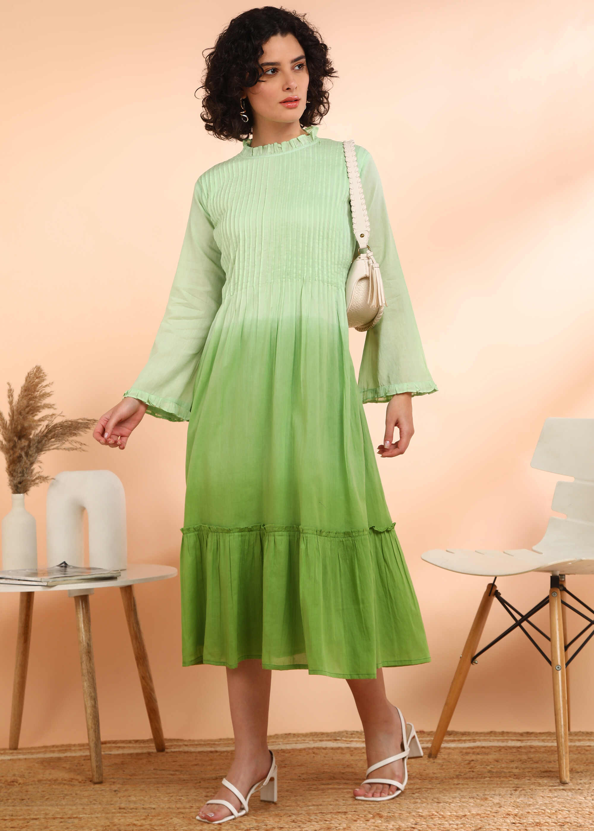 Women Handmade Self Design Cotton Blend Flared Light Green Dress (W1607)