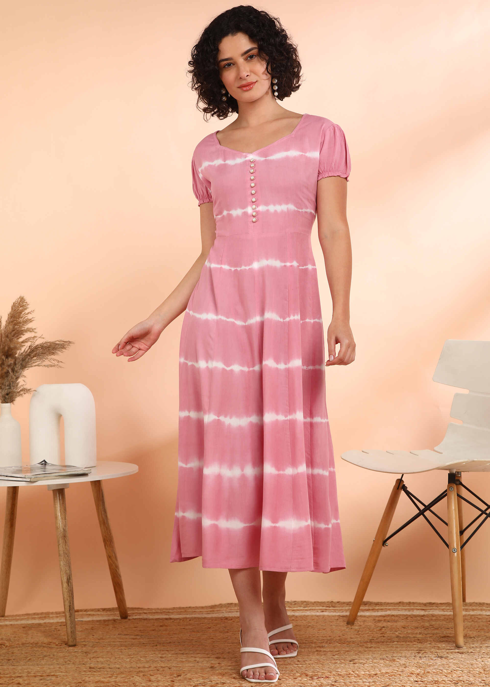 Women Handmade Floral Rayon Flared Pink Dress (W1610)