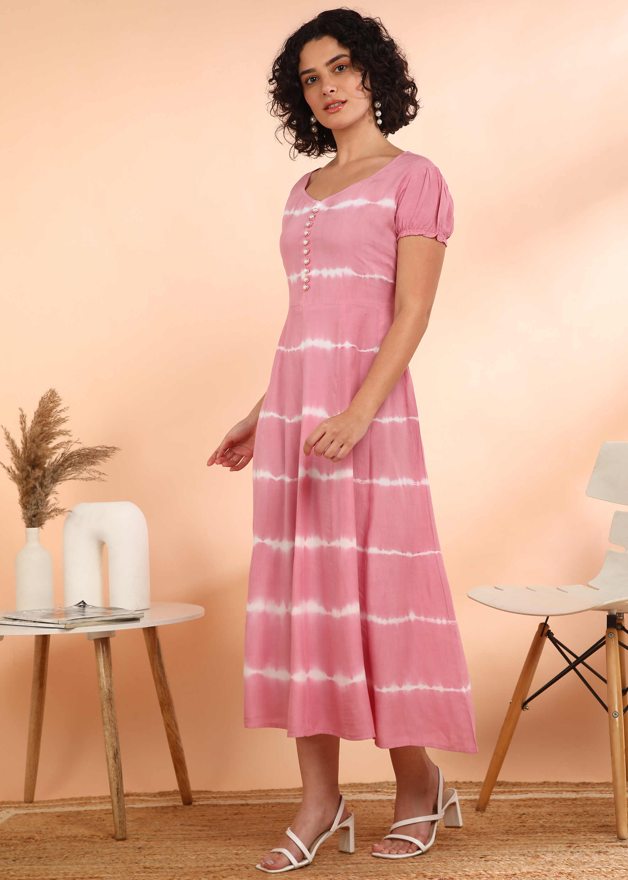 Women Handmade Floral Rayon Flared Pink Dress (W1610)