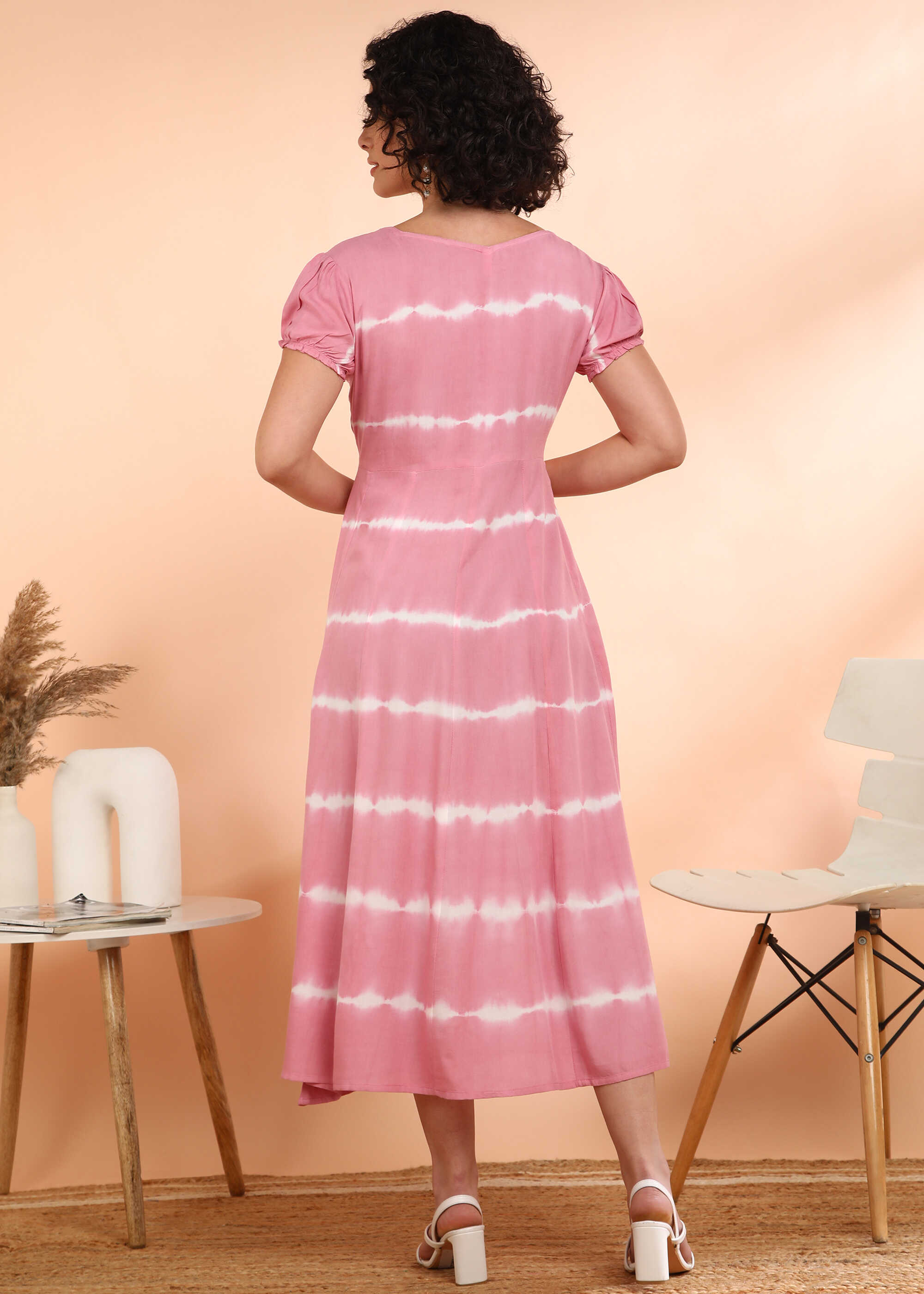 Women Handmade Floral Rayon Flared Pink Dress (W1610)